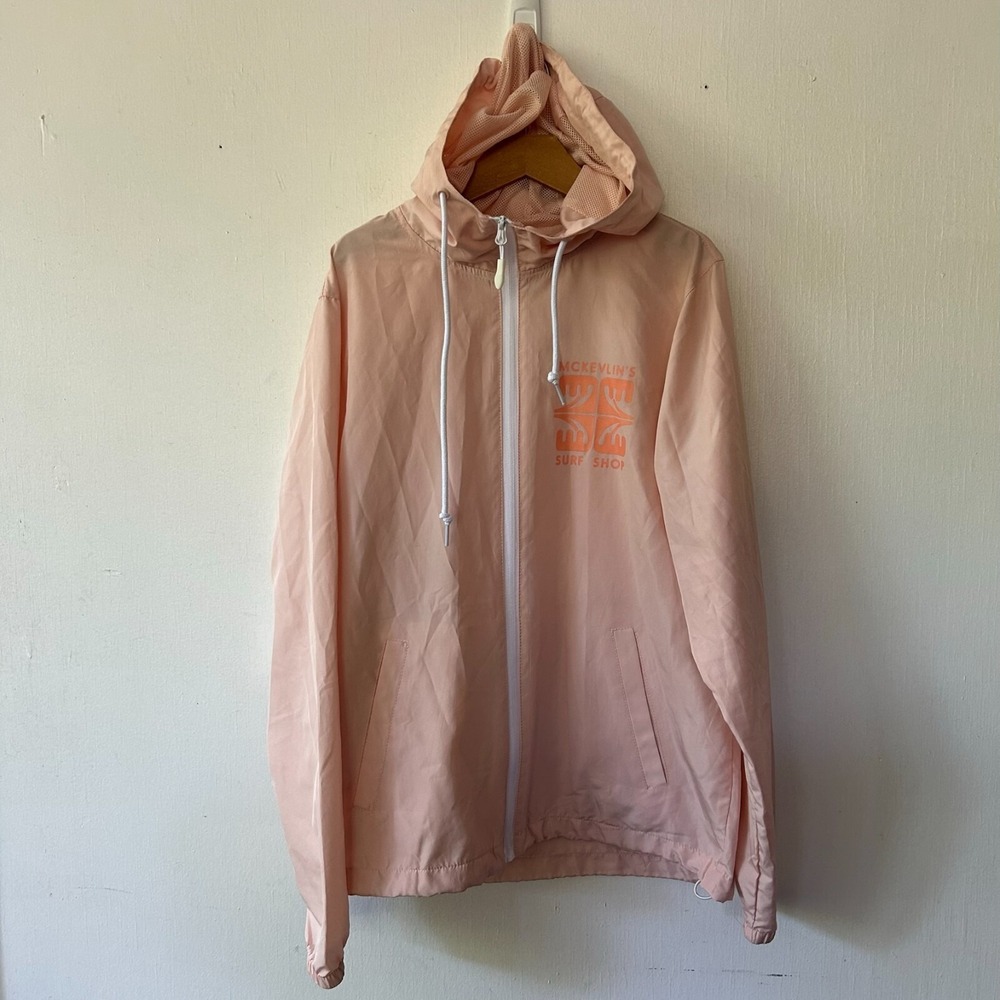 McKelvins Surf Shop Windbreaker Jacket Womens XS Pink Hooded Zip Front Skater